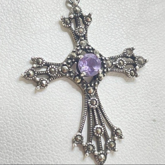 925 Sterling Silver Amethyst Marcasite Cross Box Chain Necklace Religious Gift - Picture 5 of 5